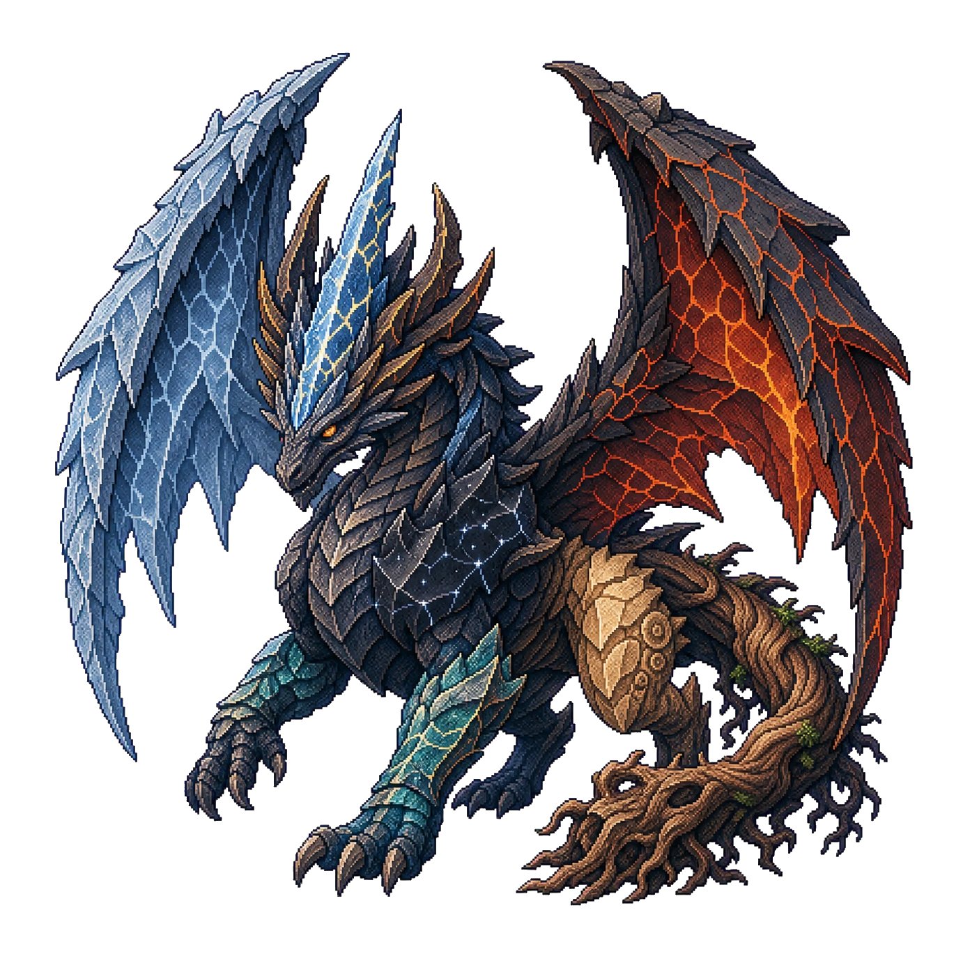Vaelthar, a basalt-black ancient dragon with a lightning-crystal crown, opposing frozen and burning wings, oceanic armor, and a living-heartwood tail